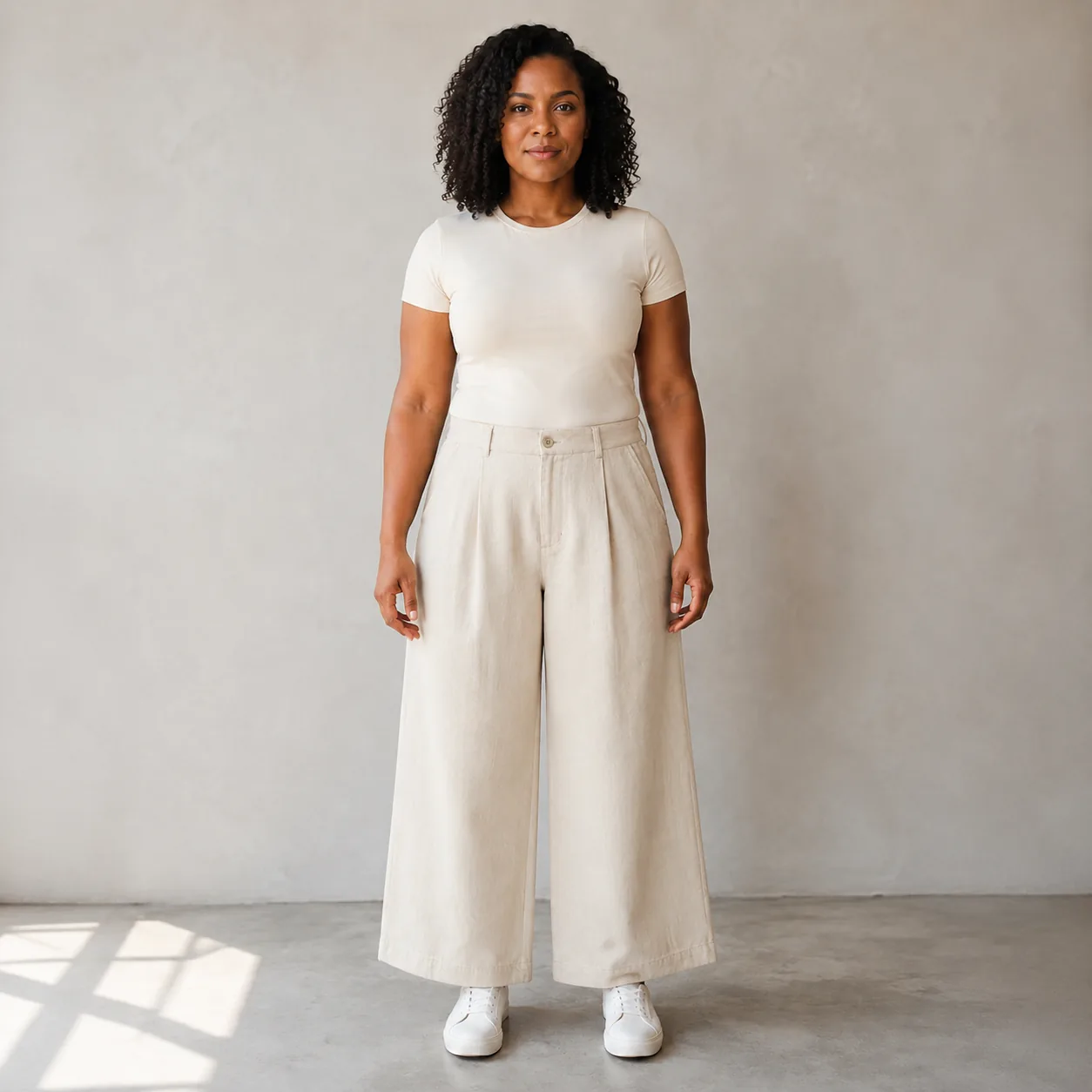 AI-generated FitPreview example with wide-leg trousers